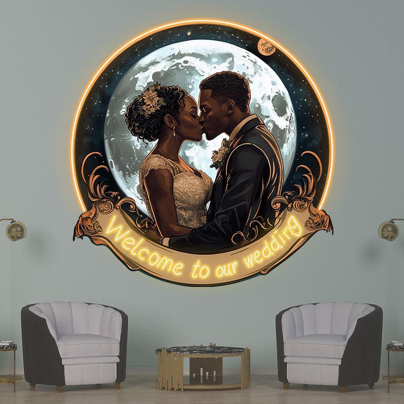 Golden Round Photo Frame Neon signs | Bride And Groom Kissing Wedding Blessing | Giant Moon Background Decoration | LED Lighting Art