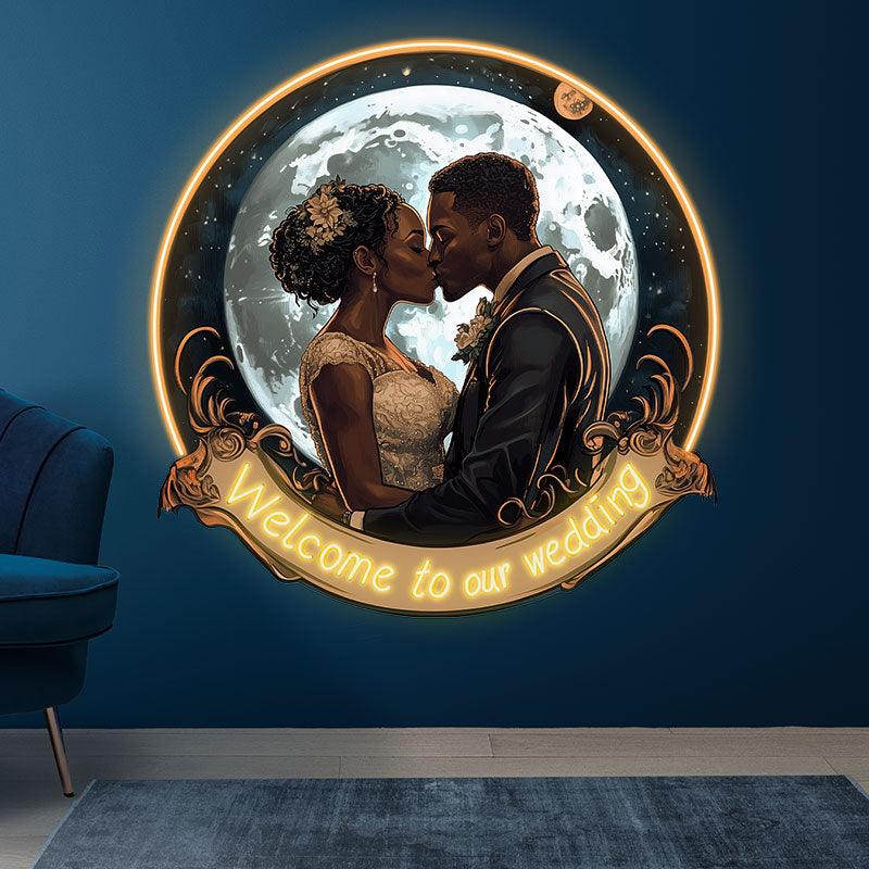 Golden Round Photo Frame Neon signs | Bride And Groom Kissing Wedding Blessing | Giant Moon Background Decoration | LED Lighting Art