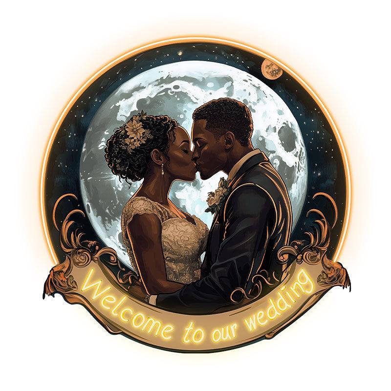 Golden Round Photo Frame Neon signs | Bride And Groom Kissing Wedding Blessing | Giant Moon Background Decoration | LED Lighting Art