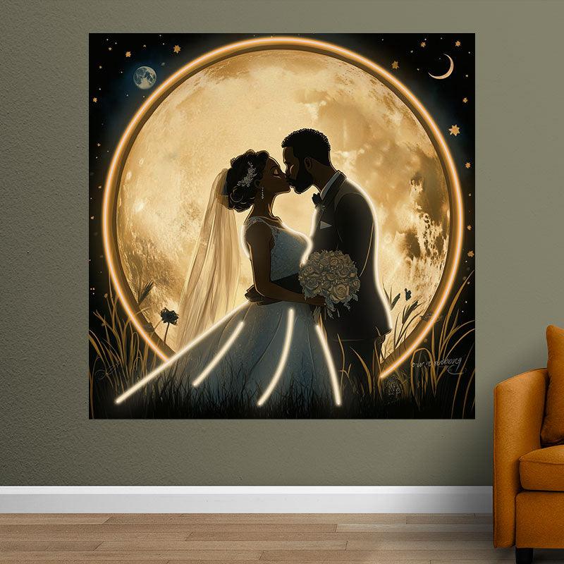 Square Wedding Neon signs| Bride and Groom Kissing Scene | Golden Giant Moon Background | LED Decorative Lighting