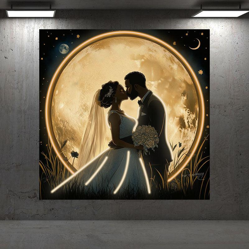 Square Wedding Neon signs| Bride and Groom Kissing Scene | Golden Giant Moon Background | LED Decorative Lighting