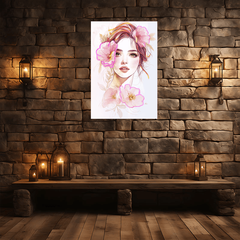 Fashion European and American Beauty Face Close-up Neon signs - Easy Painting Square Photo Frame LED Decorative Lamp Surrounded by Big Pink Flowers, Personalized Home and Creative Space Lighting