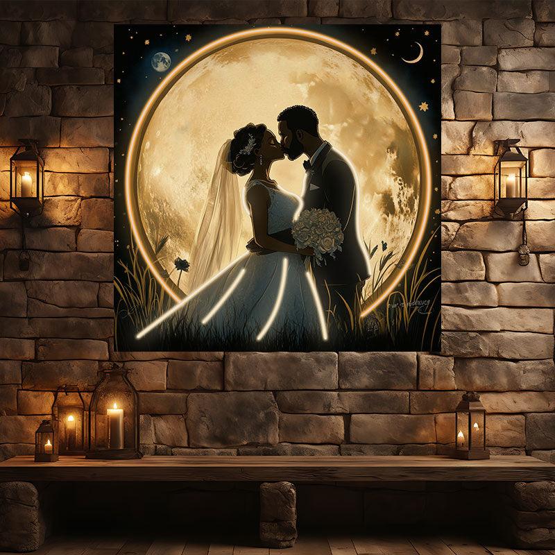 Square Wedding Neon signs| Bride and Groom Kissing Scene | Golden Giant Moon Background | LED Decorative Lighting