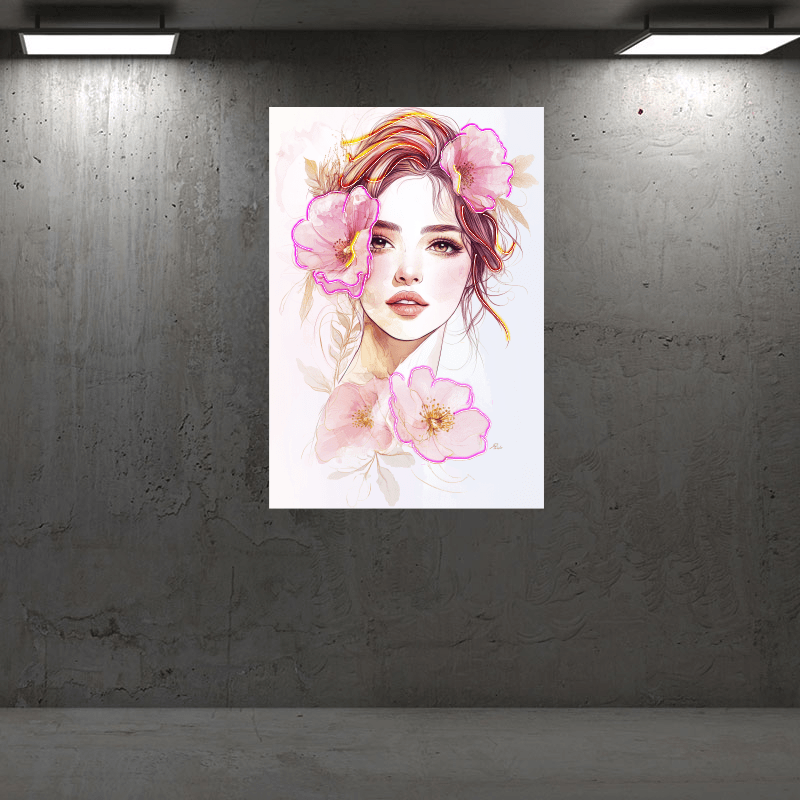 Fashion European and American Beauty Face Close-up Neon signs - Easy Painting Square Photo Frame LED Decorative Lamp Surrounded by Big Pink Flowers, Personalized Home and Creative Space Lighting