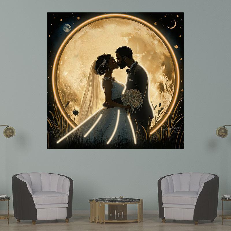 Square Wedding Neon signs| Bride and Groom Kissing Scene | Golden Giant Moon Background | LED Decorative Lighting
