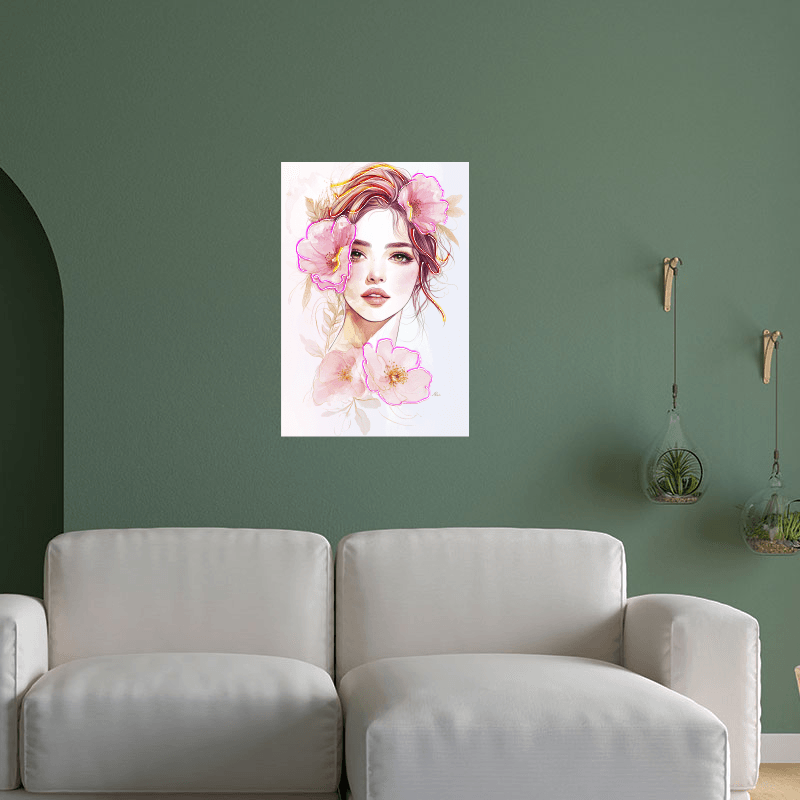 Fashion European and American Beauty Face Close-up Neon signs - Easy Painting Square Photo Frame LED Decorative Lamp Surrounded by Big Pink Flowers, Personalized Home and Creative Space Lighting