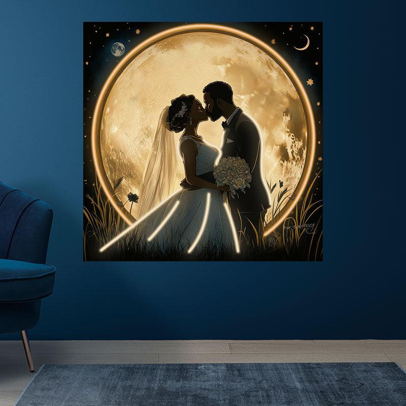 Square Wedding Neon signs| Bride and Groom Kissing Scene | Golden Giant Moon Background | LED Decorative Lighting