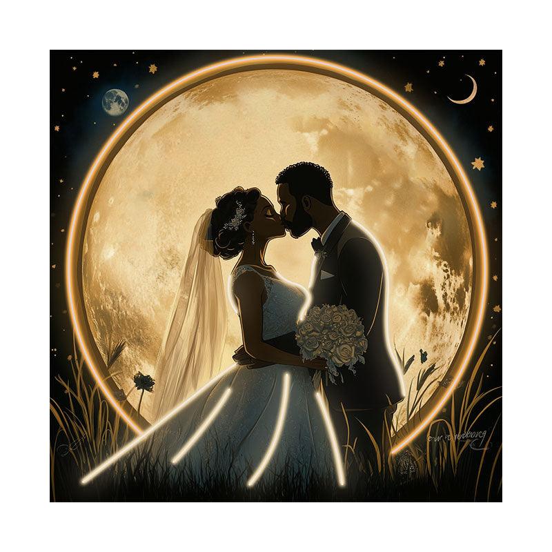 Square Wedding Neon signs| Bride and Groom Kissing Scene | Golden Giant Moon Background | LED Decorative Lighting