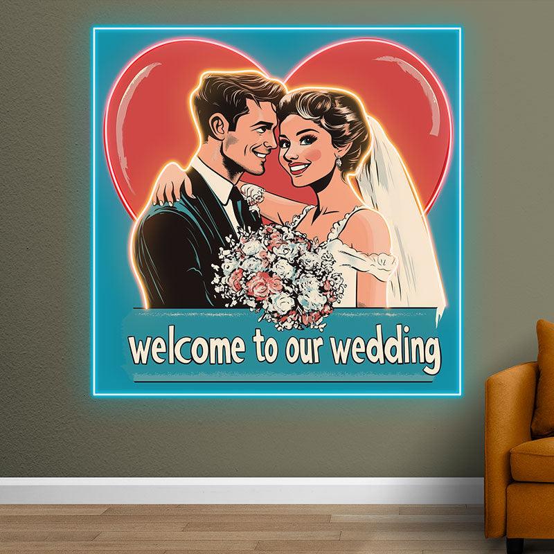 Square Wedding Neon signs | Bride and Groom Happy Hugs | Red Big Love Background | LED Decoration Lighting