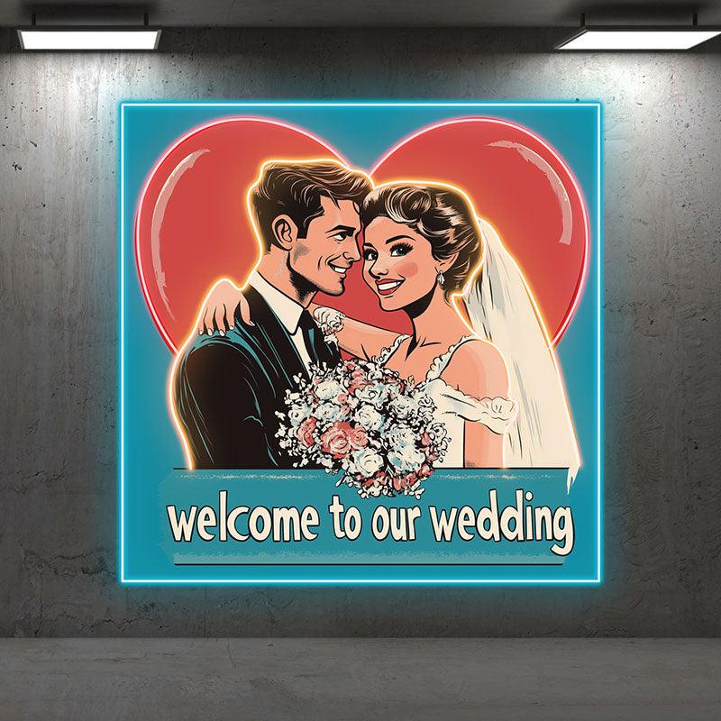 Square Wedding Neon signs | Bride and Groom Happy Hugs | Red Big Love Background | LED Decoration Lighting