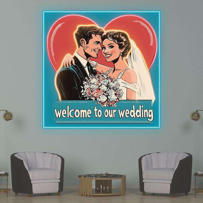 Square Wedding Neon signs | Bride and Groom Happy Hugs | Red Big Love Background | LED Decoration Lighting