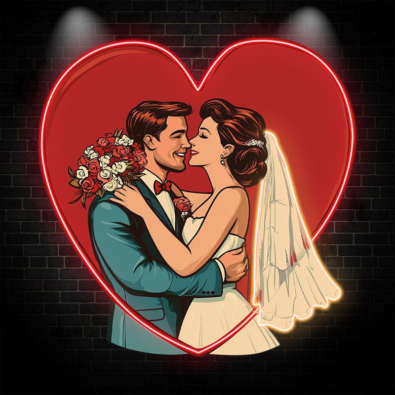 Red Big Love Background Neon signs | Bride and Groom Happy Hugs | Wedding Decoration LED Lighting | Romantic Atmosphere
