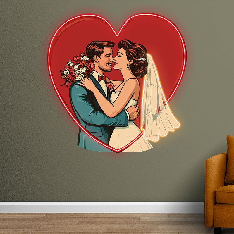 Red Big Love Background Neon signs | Bride and Groom Happy Hugs | Wedding Decoration LED Lighting | Romantic Atmosphere