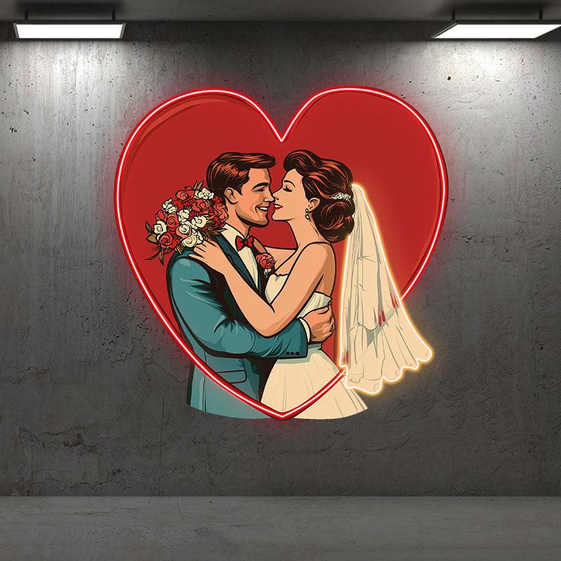 Red Big Love Background Neon signs | Bride and Groom Happy Hugs | Wedding Decoration LED Lighting | Romantic Atmosphere