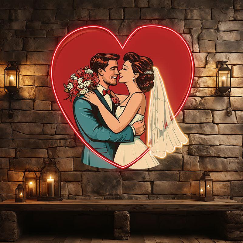 Red Big Love Background Neon signs | Bride and Groom Happy Hugs | Wedding Decoration LED Lighting | Romantic Atmosphere