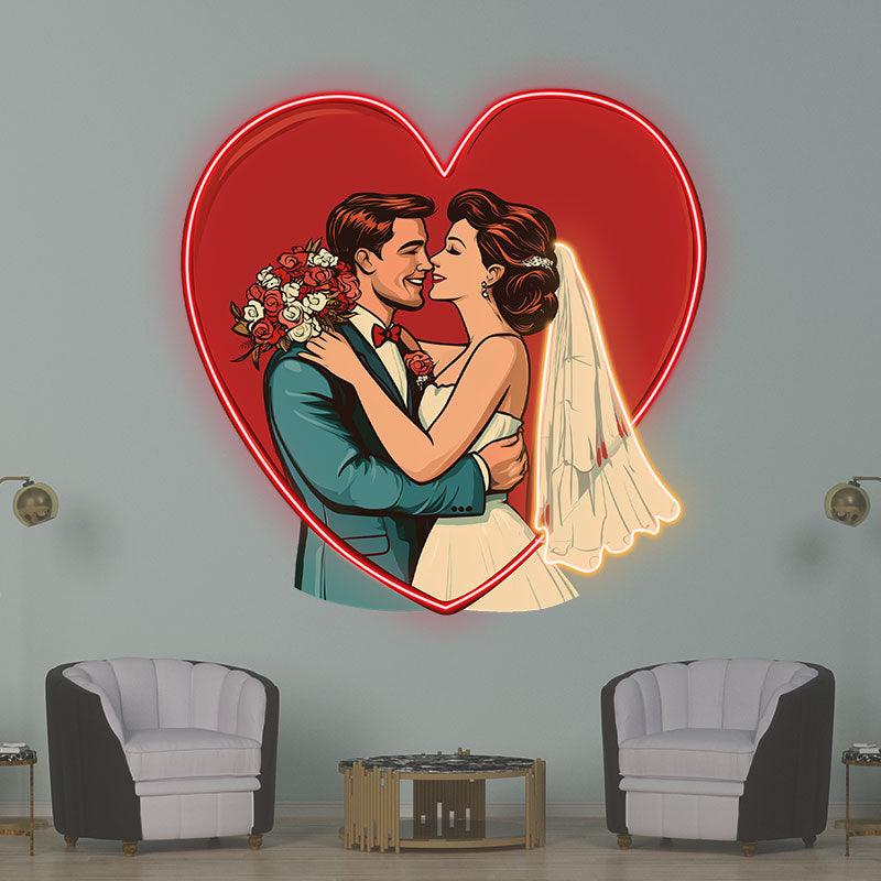 Red Big Love Background Neon signs | Bride and Groom Happy Hugs | Wedding Decoration LED Lighting | Romantic Atmosphere