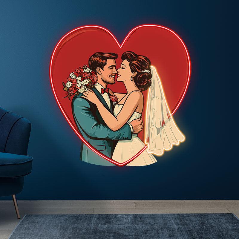Red Big Love Background Neon signs | Bride and Groom Happy Hugs | Wedding Decoration LED Lighting | Romantic Atmosphere
