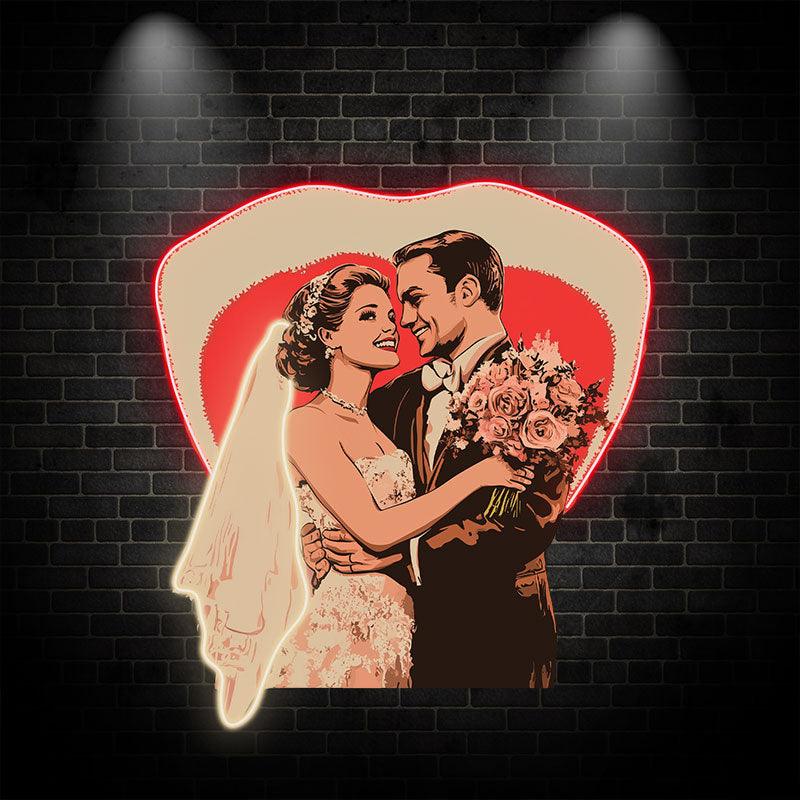 Bride And Groom Happy Embrace Neon signs | Happy Smile Background | Solid Shield LED Decoration | Wedding Lighting Art