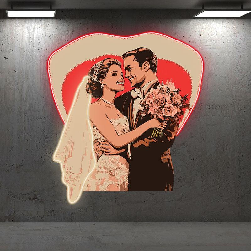Bride And Groom Happy Embrace Neon signs | Happy Smile Background | Solid Shield LED Decoration | Wedding Lighting Art