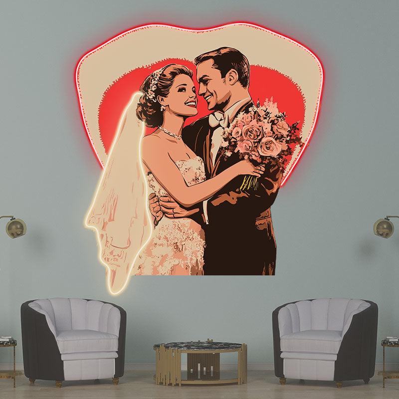 Bride And Groom Happy Embrace Neon signs | Happy Smile Background | Solid Shield LED Decoration | Wedding Lighting Art