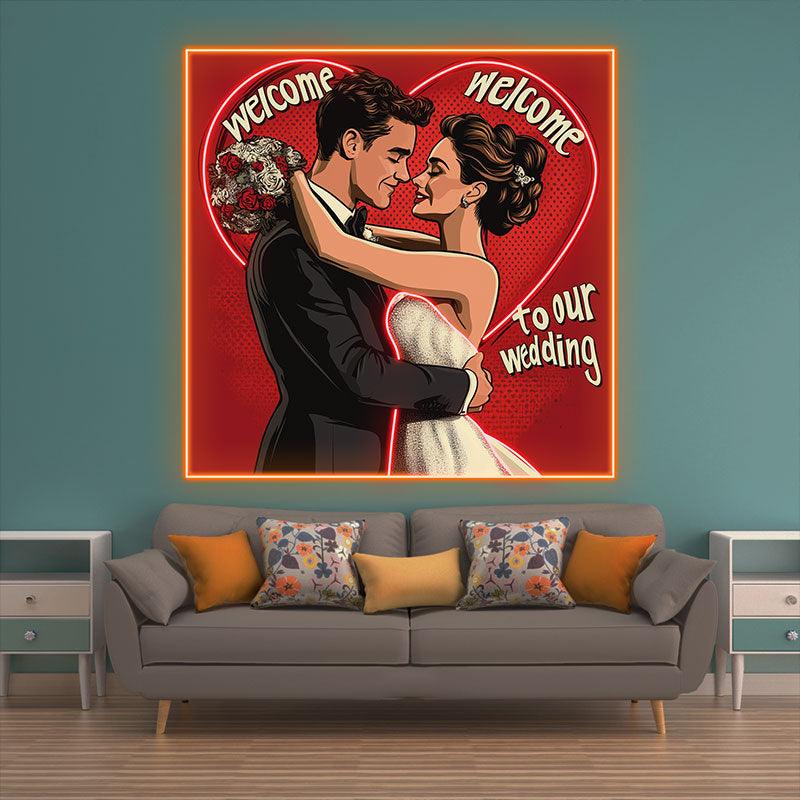 Square Photo Frame Neon signs| Bride and Groom Happy Hugs | Red Big Love Background | LED Wedding Decoration Lights