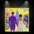 Square Photo Frame Neon  signs| Bride And Groom Holding Hands Facing Church | Golden Grass And Clouds Background | LED Wedding Decoration