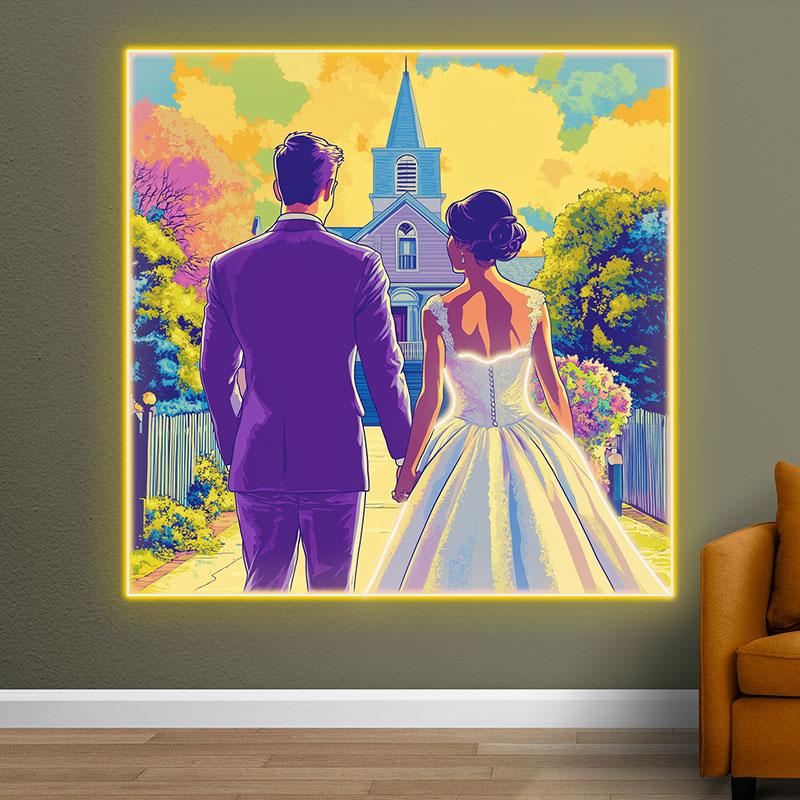 Square Photo Frame Neon  signs| Bride And Groom Holding Hands Facing Church | Golden Grass And Clouds Background | LED Wedding Decoration