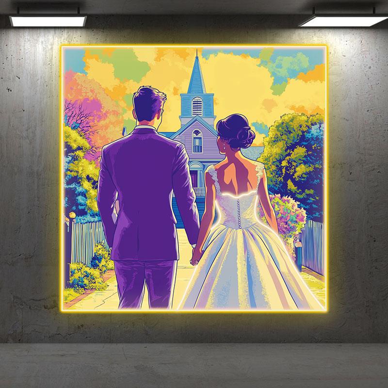 Square Photo Frame Neon  signs| Bride And Groom Holding Hands Facing Church | Golden Grass And Clouds Background | LED Wedding Decoration