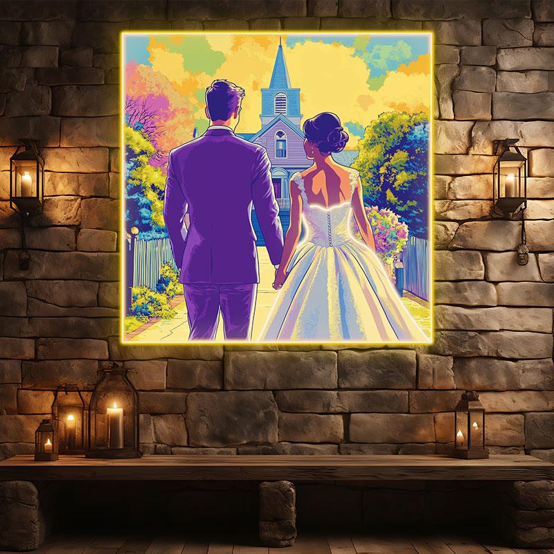 Square Photo Frame Neon  signs| Bride And Groom Holding Hands Facing Church | Golden Grass And Clouds Background | LED Wedding Decoration