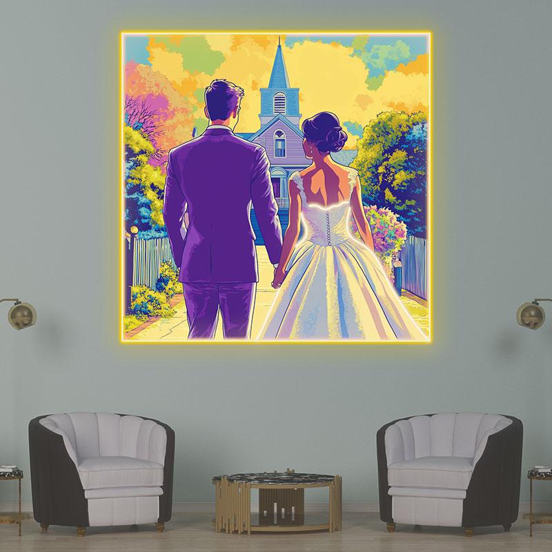 Square Photo Frame Neon  signs| Bride And Groom Holding Hands Facing Church | Golden Grass And Clouds Background | LED Wedding Decoration