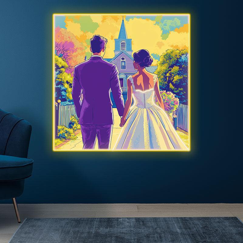 Square Photo Frame Neon  signs| Bride And Groom Holding Hands Facing Church | Golden Grass And Clouds Background | LED Wedding Decoration
