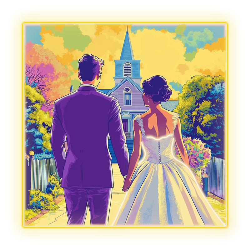 Square Photo Frame Neon  signs| Bride And Groom Holding Hands Facing Church | Golden Grass And Clouds Background | LED Wedding Decoration