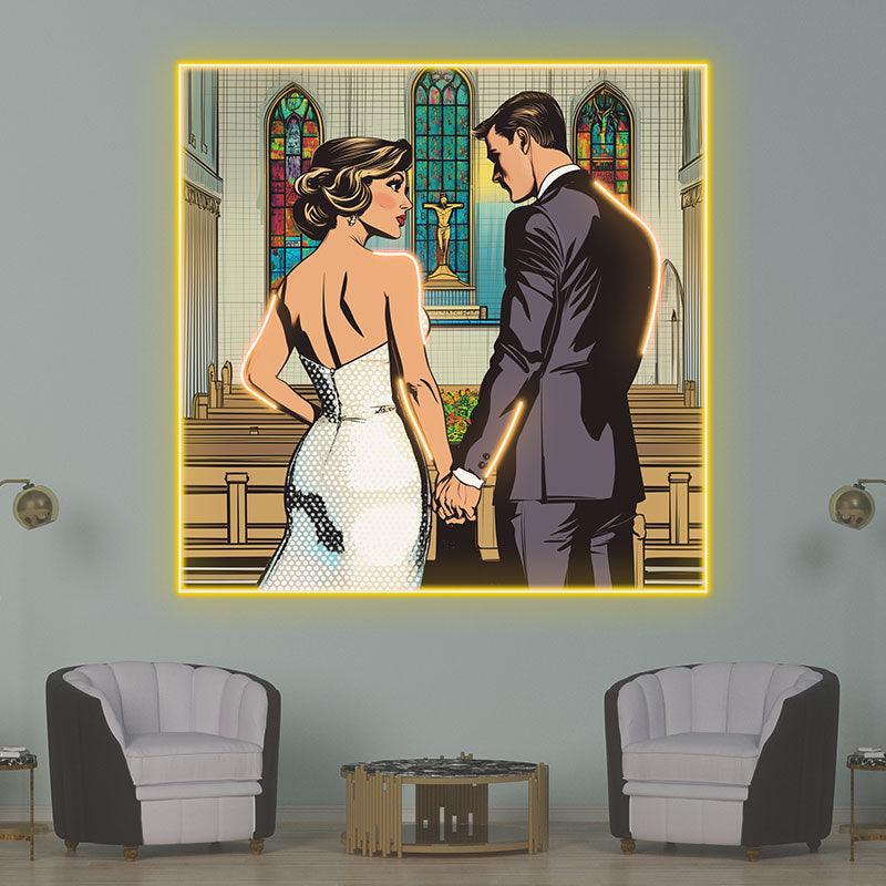 Square Photo Frame Neon signs | Bride And Groom Holding Hands In Church | LED Wedding Decoration Lighting | Romantic Atmosphere