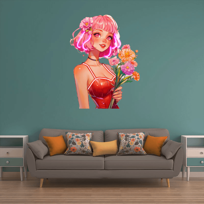 Cute Cartoon Beauty Neon signs Lights - Red hairstyle with dress, hand holding flowers with smile LED decorative lights, personalized home and creative space lighting