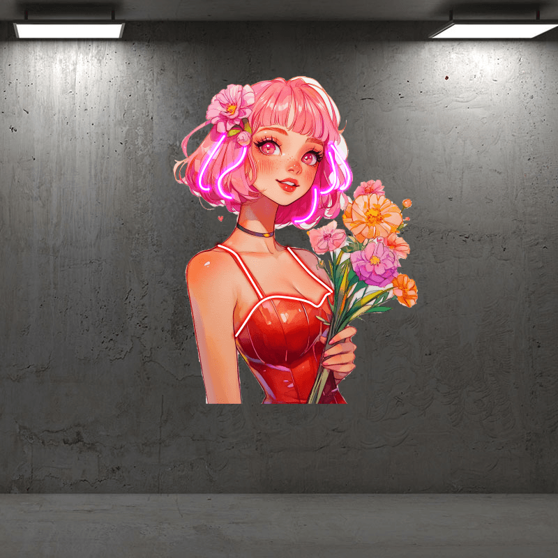 Cute Cartoon Beauty Neon signs Lights - Red hairstyle with dress, hand holding flowers with smile LED decorative lights, personalized home and creative space lighting