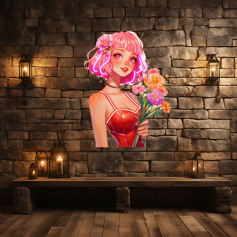 Cute Cartoon Beauty Neon signs Lights - Red hairstyle with dress, hand holding flowers with smile LED decorative lights, personalized home and creative space lighting