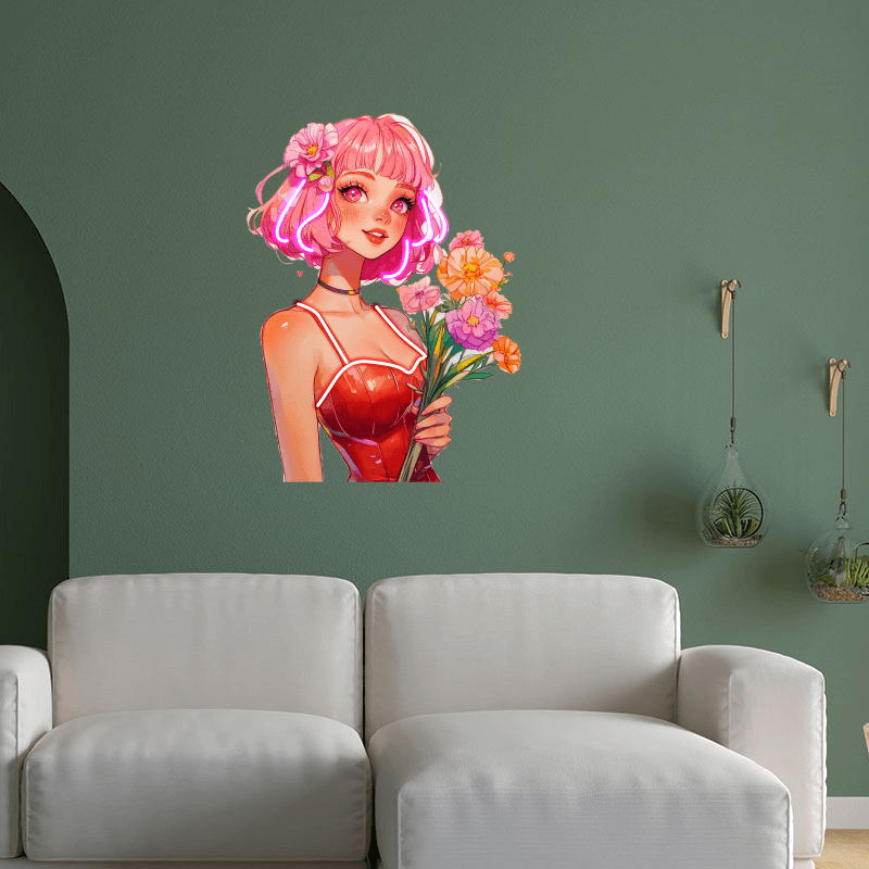 Cute Cartoon Beauty Neon signs Lights - Red hairstyle with dress, hand holding flowers with smile LED decorative lights, personalized home and creative space lighting