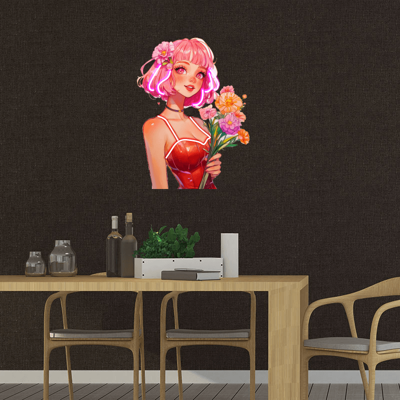 Cute Cartoon Beauty Neon signs Lights - Red hairstyle with dress, hand holding flowers with smile LED decorative lights, personalized home and creative space lighting