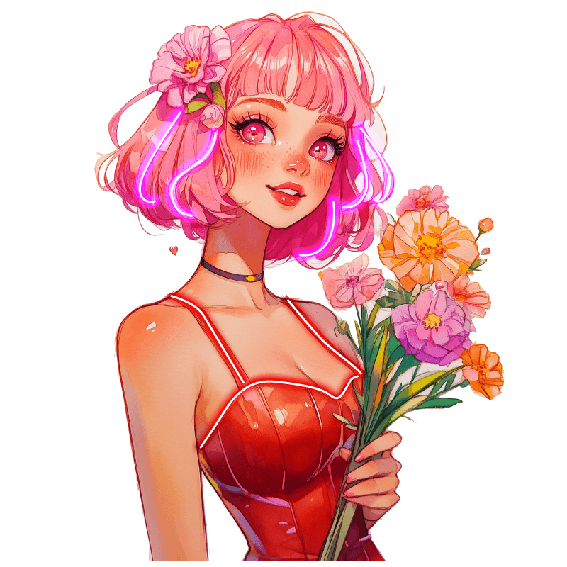 Cute Cartoon Beauty Neon signs Lights - Red hairstyle with dress, hand holding flowers with smile LED decorative lights, personalized home and creative space lighting