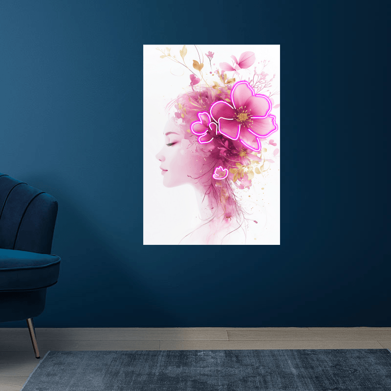 European and American beauty profile portrait neon signs - LED decorative lights with pink bouquets on the head, personalized home and creative space lighting