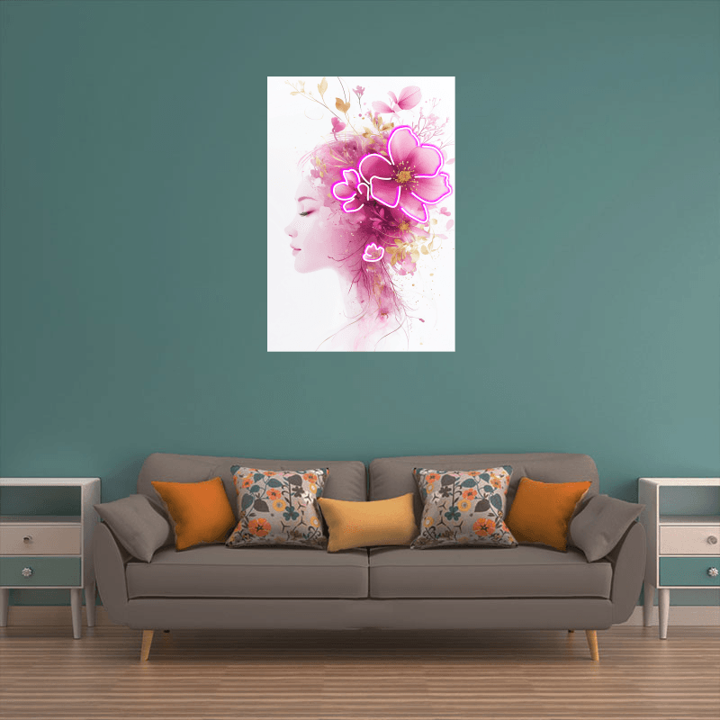 European and American beauty profile portrait neon signs - LED decorative lights with pink bouquets on the head, personalized home and creative space lighting