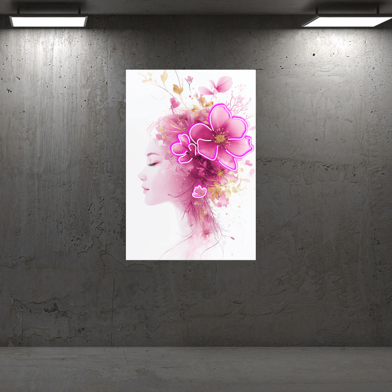 European and American beauty profile portrait neon signs - LED decorative lights with pink bouquets on the head, personalized home and creative space lighting