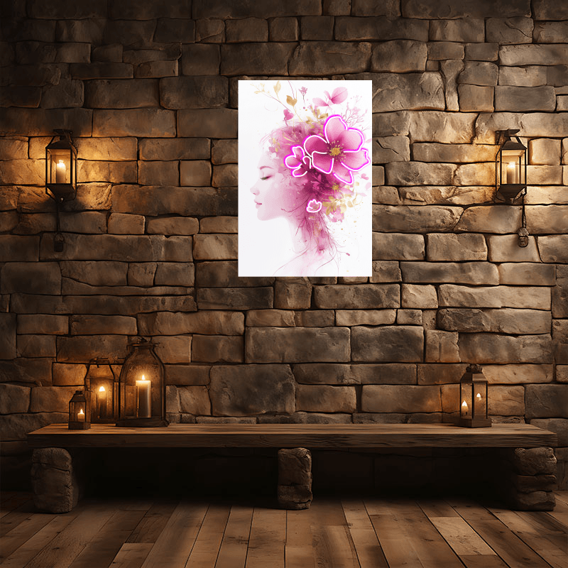 European and American beauty profile portrait neon signs - LED decorative lights with pink bouquets on the head, personalized home and creative space lighting