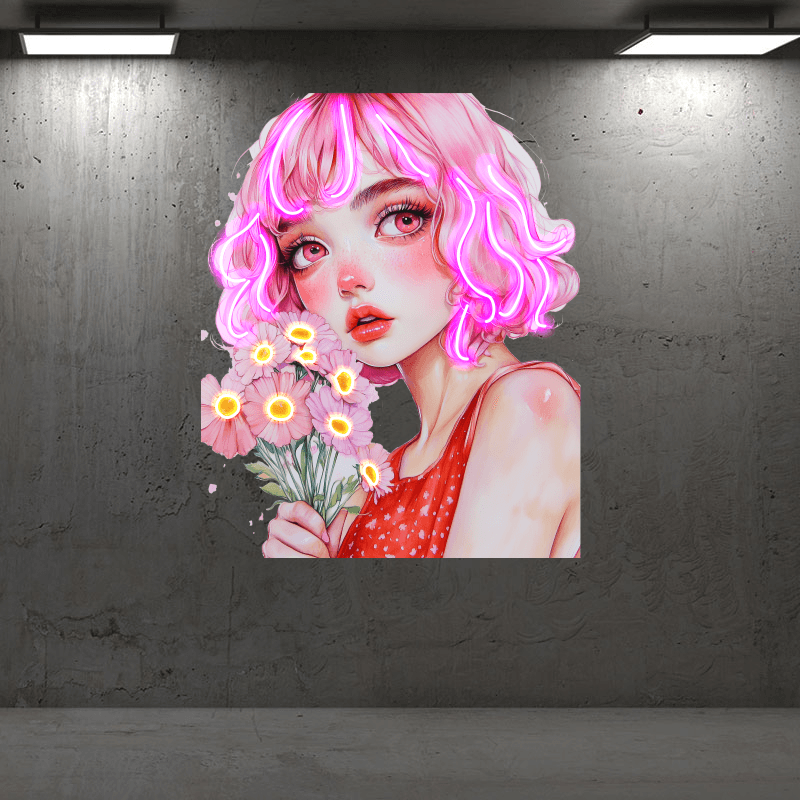 European and American cartoon beauties neon signs - red dress with hair, handheld pink floral decoration - LED light art decorations