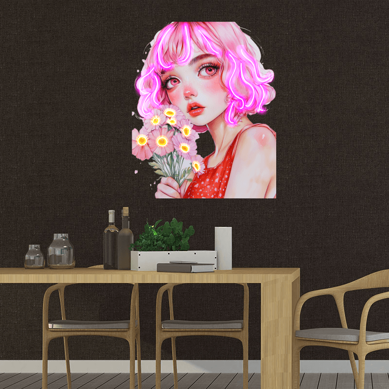 European and American cartoon beauties neon signs - red dress with hair, handheld pink floral decoration - LED light art decorations