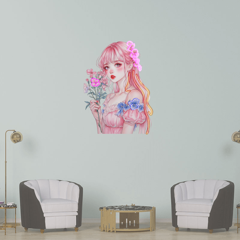 Pretty Girl Anime Neon signs lights | Redhead pink skirt cute character | LED decorative lights with small red and pink bouquets