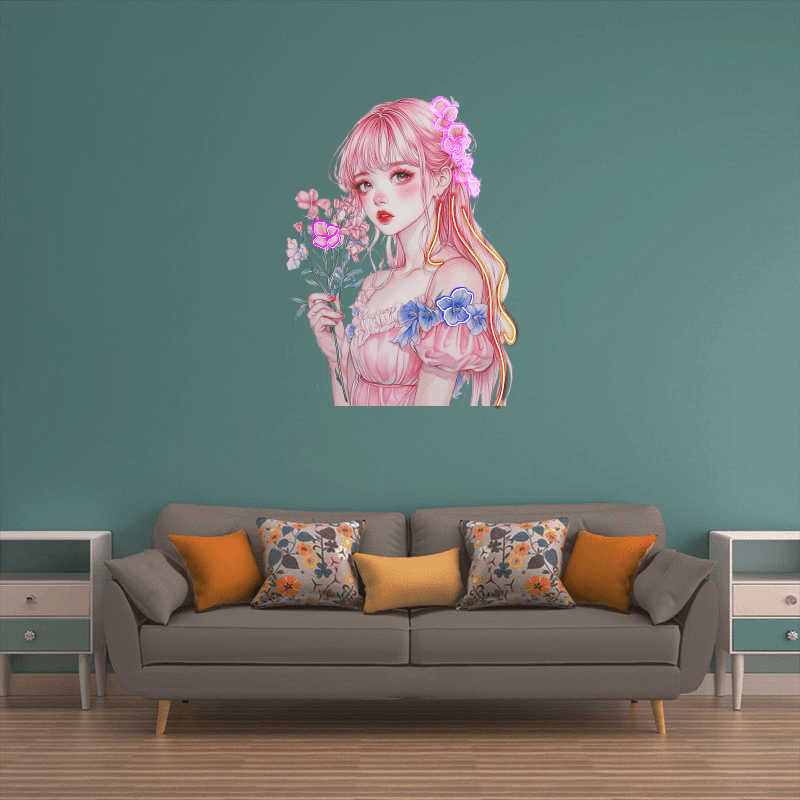 Pretty Girl Anime Neon signs lights | Redhead pink skirt cute character | LED decorative lights with small red and pink bouquets