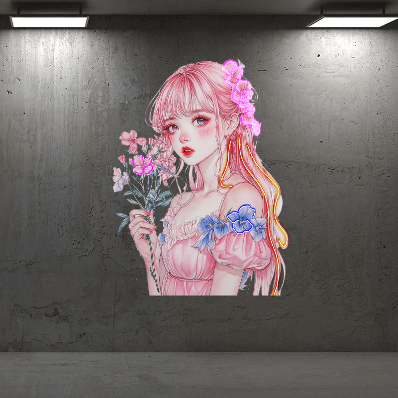 Pretty Girl Anime Neon signs lights | Redhead pink skirt cute character | LED decorative lights with small red and pink bouquets