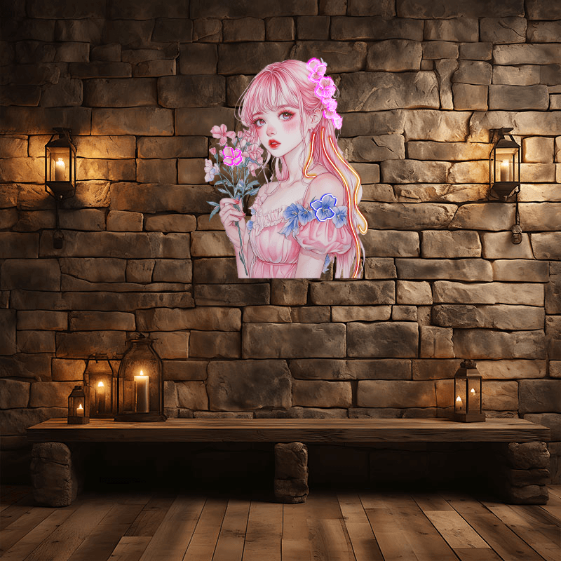 Pretty Girl Anime Neon signs lights | Redhead pink skirt cute character | LED decorative lights with small red and pink bouquets