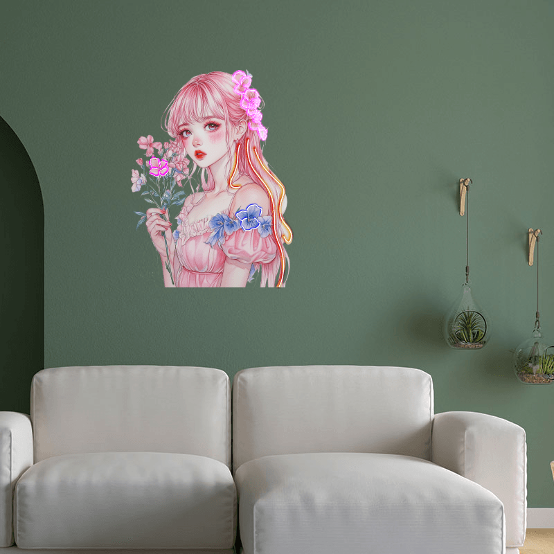 Pretty Girl Anime Neon signs lights | Redhead pink skirt cute character | LED decorative lights with small red and pink bouquets